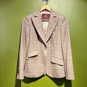 Sacoor Brothers Beige and Brown Plaid Blazer with Elbow Pads